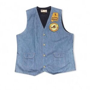 Vtg Levi's Panatela Vest Mens XL Blue Denim Lined Button Turkey Hunting Patches
